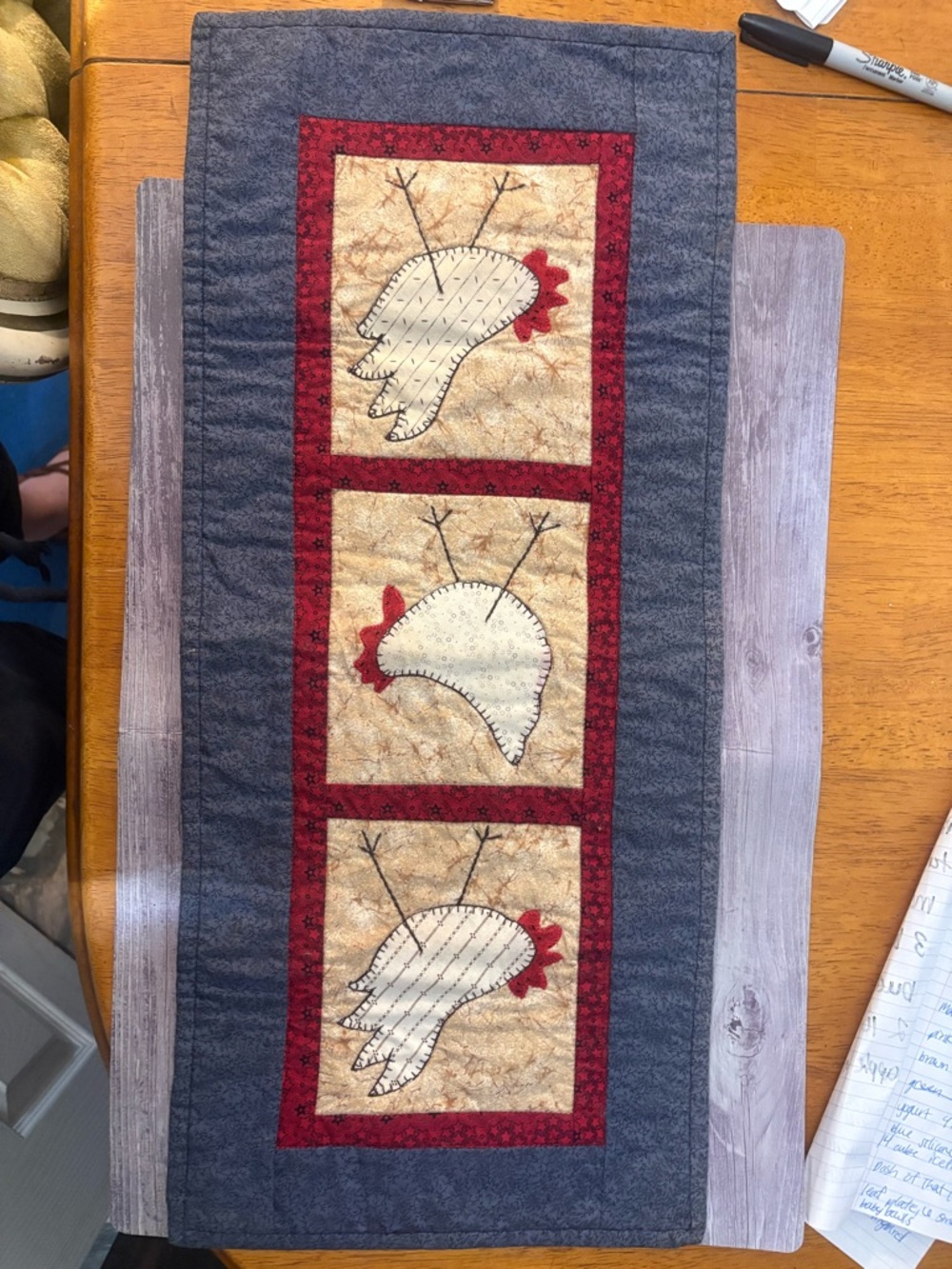 Handmade Farmhouse Chicken Quilted Table Runner - Gray, Red, Cream